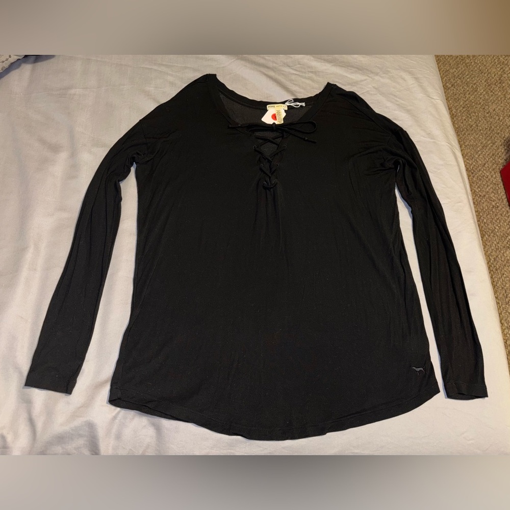 Victoria’s Secret VS PINK Black Lace-Up Long Sleeve Top Size XS NWOT Oversized